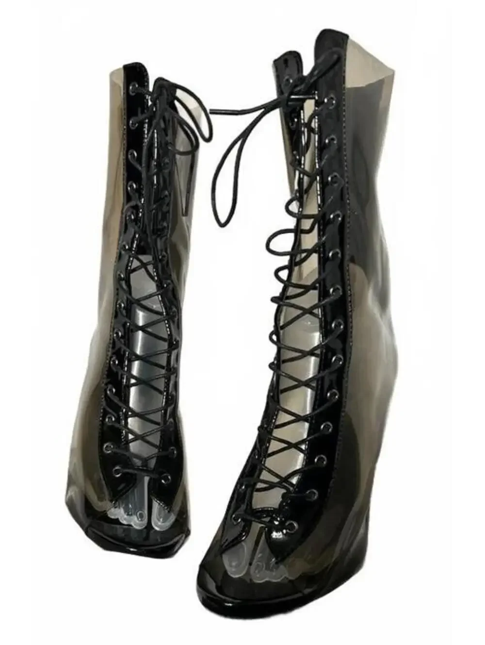 Fashion Nova Avant-garde Smoky Transparent Lace-Up Peep Toe Boot Block Heel 10